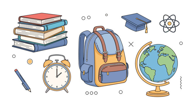 Assorted educational icons including a stack of books, school backpack, globe, graduation cap, alarm clock, and an atom model.