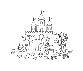 Fototapeta premium Children building a giant sandcastle on a sunny beach with seashells, starfish, and playful crabs around, black and white line art