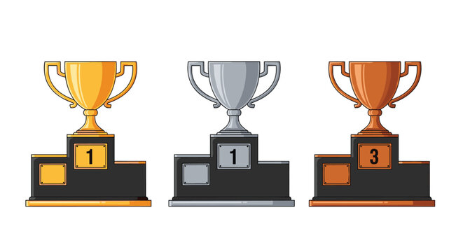 Set of three trophies representing gold, silver, and bronze awards placed on numbered podiums for first, second, and third place.