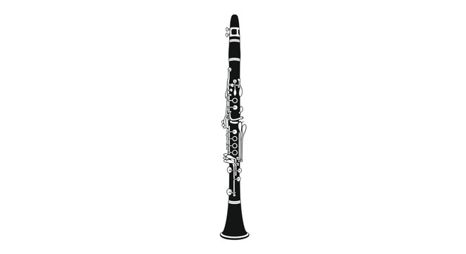Detailed black and white illustration of a woodwind clarinet musical instrument isolated on a plain white background for music lovers.