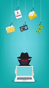 Hacker with laptop computer stealing confidential data, personal information and credit card detail. Hacking concept.