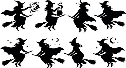 Fototapeta premium witch silhouettes flying on broomsticks halloween vector set
