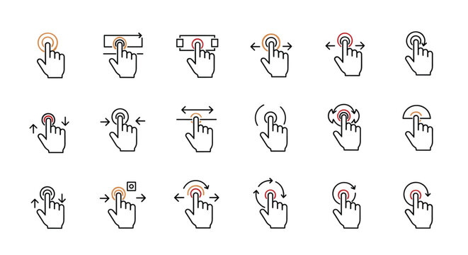 Collection of hand icons showing various touch screen gestures like tapping, swiping, scrolling, and rotating for interface design.