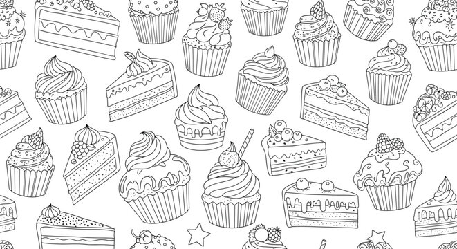 Seamless black and white pattern of hand-drawn sketches of various cakes cupcakes and dessert slices on a white background for bakeries.