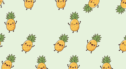 Obraz premium Adorable pattern of smiling cartoon pineapple characters with different poses on a light mint green background for kids and babies.