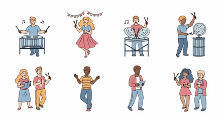 Fototapeta premium Colorful people dancing and having fun at birthday party with music and decorations. Fun celebration concept with joyful illustrations. Party atmosphere for social media and events.