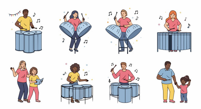Diverse people playing steel drums, musical instrument, fun music lessons, kids and adults - vector for branding, packaging, banner, poster, website header, and social media design use