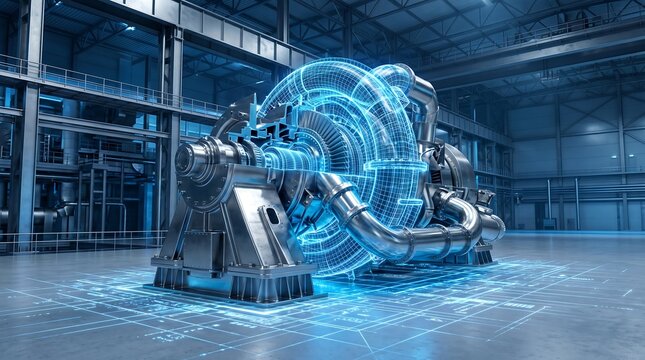 Industry 4.0 Digital Transformation presents smart manufacturing turbine engine with AI and predictive maintenance for global industrial solutions.