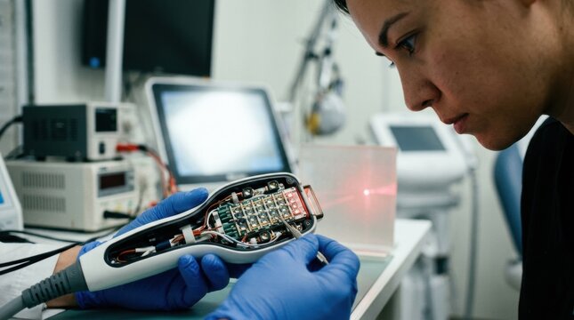 Detailed view of a specialist calibrating diodes within a dermatology laser applicator optimizing wavelength direction for skin therapy applications.