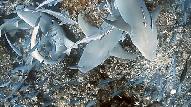 Gentle nurse sharks drift gracefully along Fiji's vibrant seabed. Many remora fish hitch a ride as a shimmering school of smaller fish swims around them. A serene underwater spectacle unfolds.