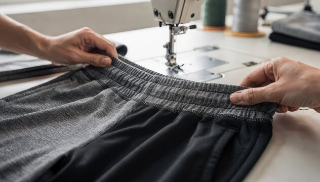 Footage of tailors assembling lightweight jersey joggers focusing on flexible waistbands that enhance comfort for active movement.