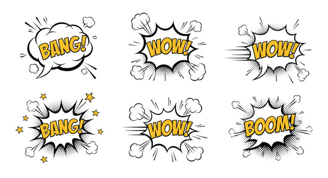 Set of comic book style speech bubbles with energetic words like bang wow and boom decorated with clouds and stars.