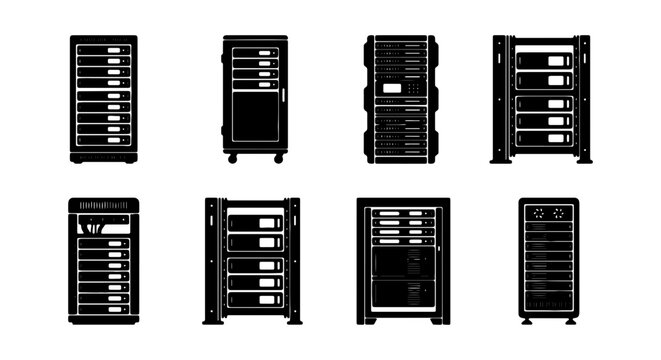 Server Racks, Data Center Equipment, Network Hardware Icons Set, Technology Vector