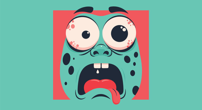 Expressive cartoon illustration of a scared green monster face with wide eyes and a long tongue out against a bright pink background.