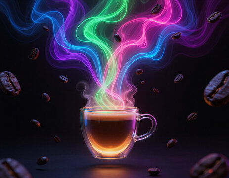 Glowing coffee cup with colorful neon steam and floating beans