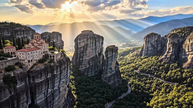 Meteora Monastery on Towering Sandstone Rock Pillars Scenic Valley Landscape