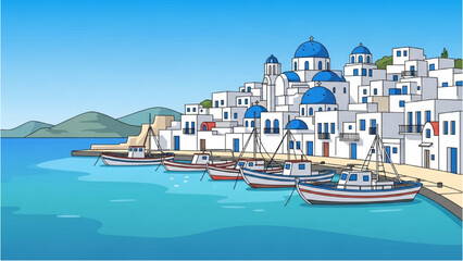 A serene Greek village sits by the calm blue sea with boats docked © Stock Image Paradise