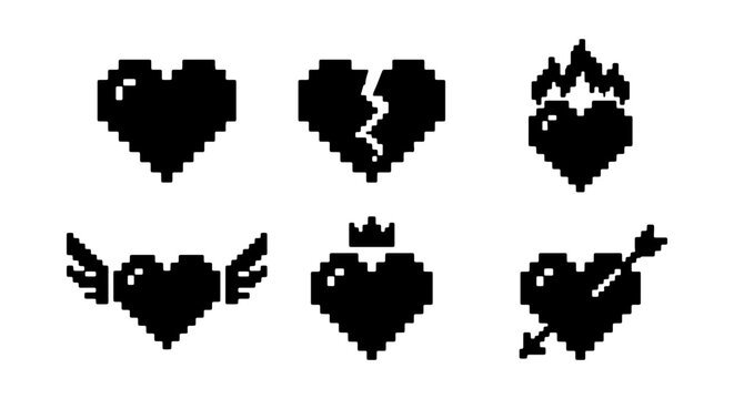Pixel Heart Icons Set: Broken, Crowned, Fiery, Winged, Arrow, Love Symbols