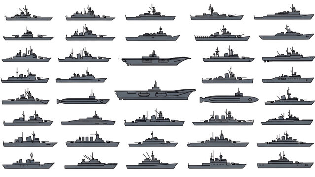 Military ships sail across calm waters in formation on a sunny day