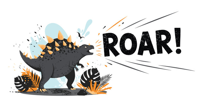 Powerful stegosaurus dinosaur shouting roar text among tropical palm leaves with orange and black accents on a white background.