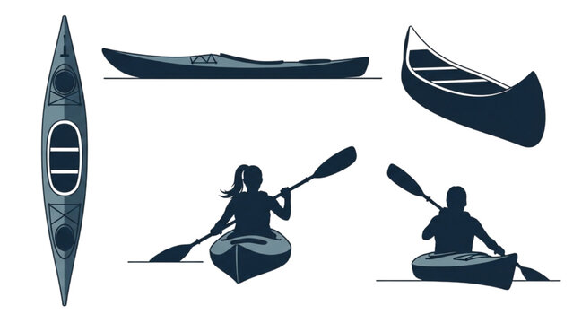 People kayaking on water with oars and boats in various views