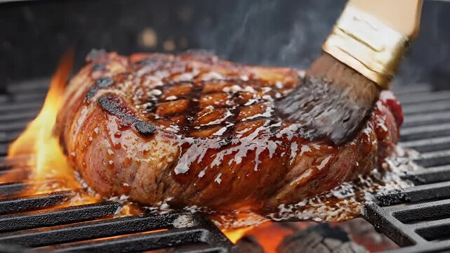 Juicy Steak Grilling on Outdoor Barbecue with Flames.