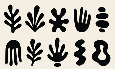 Fototapeta premium Creative abstract shape collection featuring bold black organic forms and botanical inspired silhouettes on a light background. Modern minimal artistic set ideal for branding, packaging, textiles, wal