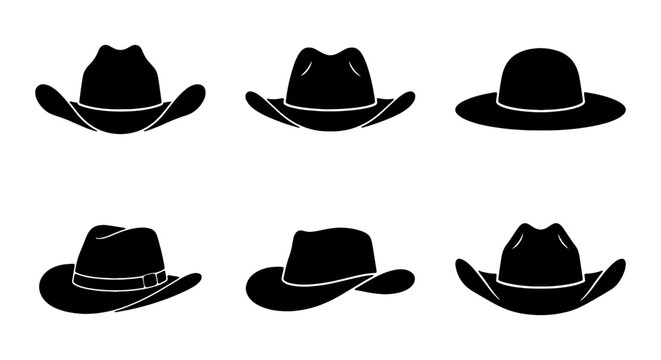 Cowboy Hat Icons, Western Headwear Vector Set, American Style Silhouette Collection