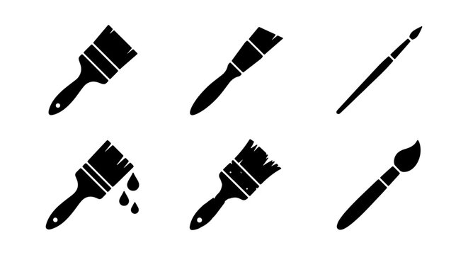 Paint Brush Icons Set, Artist Tools Collection, Black and White Vector Graphics