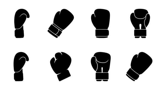 Boxing Gloves Vector Icons, Punching Mitts Set, Combat Sport Equipment, Black Silhouette