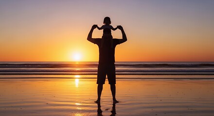 Fototapeta premium Father carrying child on shoulders at beach sunset silhouette.