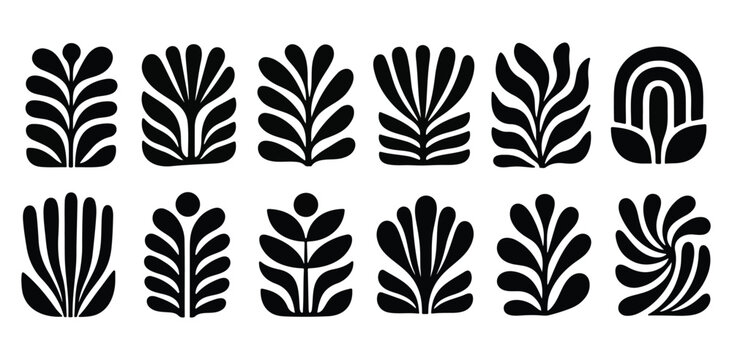 Modern botanical icon set featuring black organic leaf silhouettes and abstract plant forms on a light background. Minimal Scandinavian inspired collection ideal for branding, packaging, textiles, wal