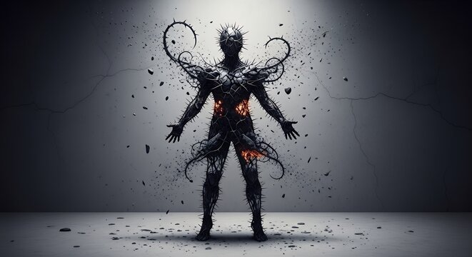 Dark monstrous silhouette with tentacles against white textured wall.