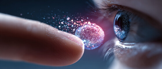 Fototapeta premium Close-up of a human eye gazing at a glowing digital sphere touched by a finger, symbolizing technology, innovation, and human connection.