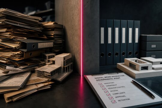 Paperwork and digital document management split scene with organized office archive and compliance checklist