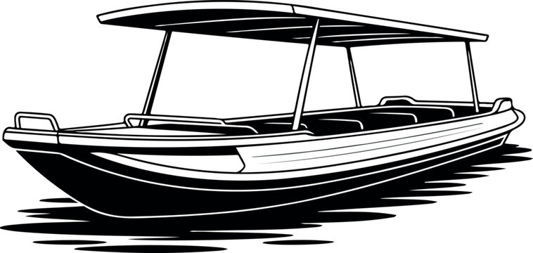 Minimalist black and white line art illustration of classic river ferry boat with canopy on transparent back.