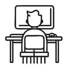 Naklejka premium Workspace setup icon with a computer monitor keyboard and chair on desktop in linear style