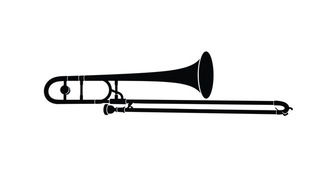 Silhouette of a classic trombone musical instrument shown in profile against a plain white background for design projects.