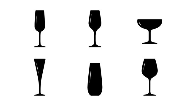 Set of 6 Black Silhouette Drink Glasses, Barware Icons, Cocktail Stemware
