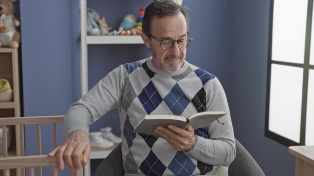 Man reads book with hand on crib in baby room studio, holding pages and touching railing; quiet bedtime serenity.