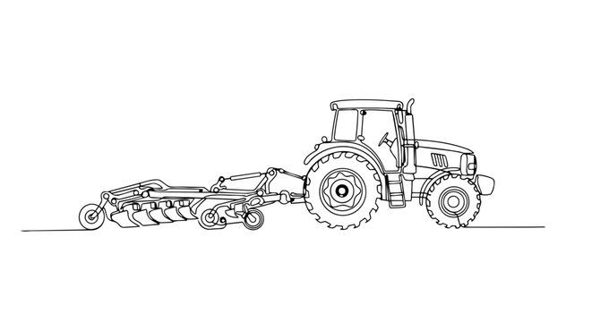 One line drawing of a tractor with a plow. Minimalist agricultural machinery vector illustration. Farming and spring field work concept
