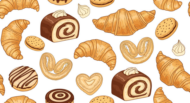Seamless pattern of bakery products features delicious croissants chocolate rolls and cookies on a clean white background.