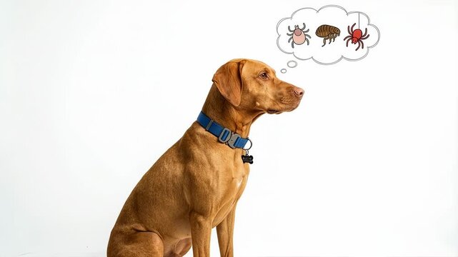 Side view of a brown dog with a blue collar thinking about parasites like fleas, ticks, and mites in a cartoon bubble on a white background, pet anti parasite treatment concept, veterinary prevention.