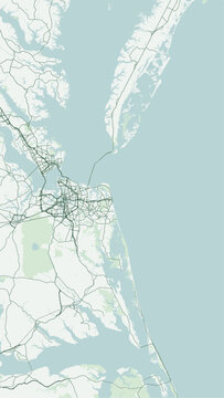 Modern minimalist vector map of Virginia Beach, Virginia, USA. High-quality scalable illustration of Virginia Beach city grid, Atlantic Ocean coast, Chesapeake Bay for posters and design.