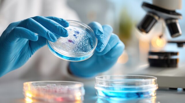Gloved hands holding petri dish with culture sample for laboratory research poster and educational background for microbiology and science presentations