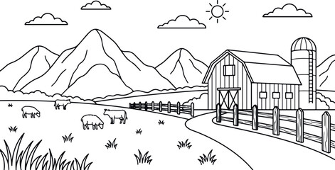 A black and white farm scene with a barn and mountains © Sakib