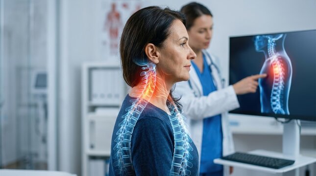 Medical healthcare glowing spine side profile, neck nervous system red glow, backbone vertebrae pain diagnosis, wellness science