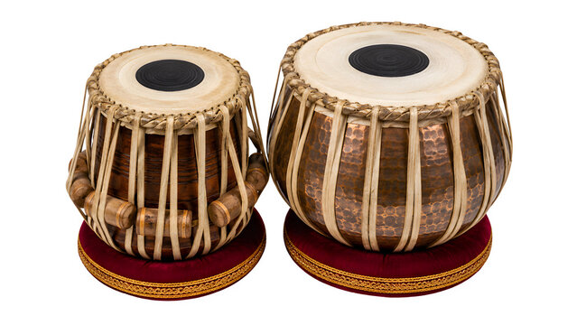 Traditional Indian tabla drums on white background, professional percussion musical instruments, handcrafted wooden and copper tabla set