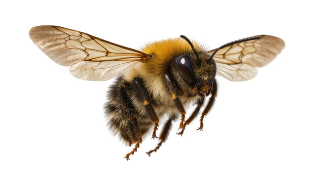 Fuzzy bumblebee with transparent wings in flight, isolated on transparent background