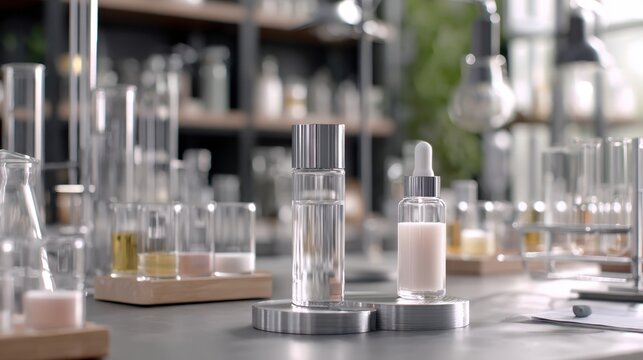Cosmetic serum bottles and laboratory glassware on testing bench for skincare product lab branding design and cosmetic presentation background